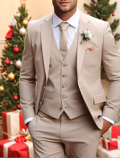 Men's Tailored Fit Single Breasted Two-buttons 3 Pieces Solid Colored Wedding Suits