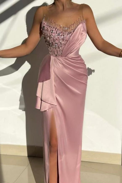 edgynewlook Beautiful Pink Satin Sleeveless Spaghtti Strap Long Split Prom Dress with Beadings