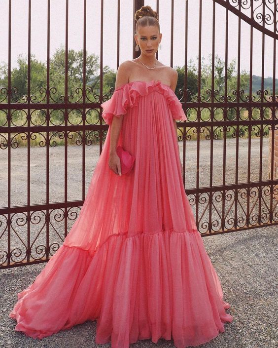 Pink Fashion Long Ruffle Neck Chiffon Formal Prom Dress Evening Dress Wedding Guest Dress gh3072