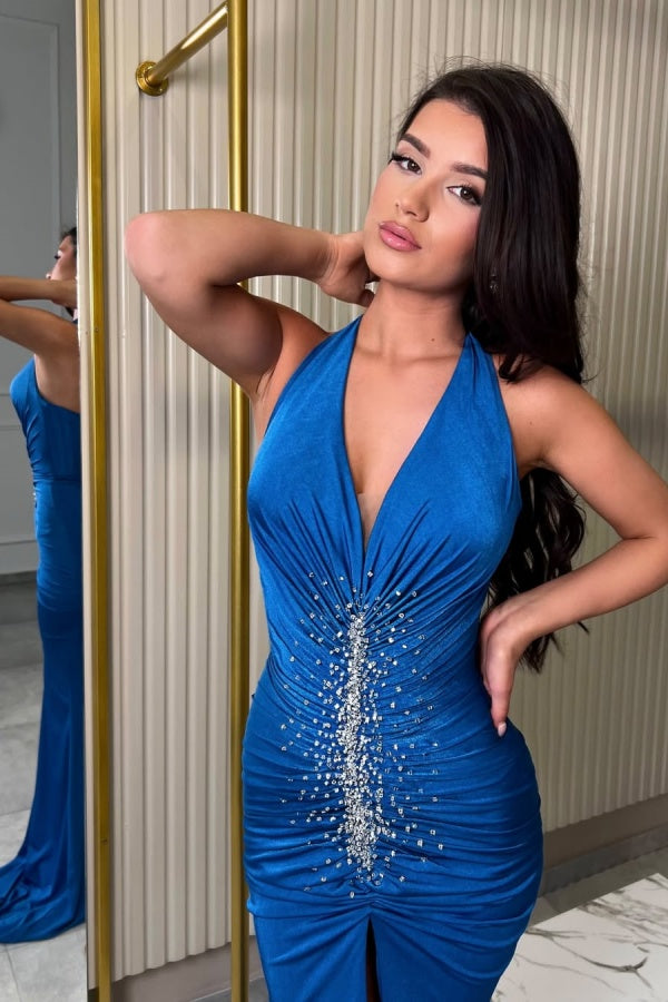 Royal Blue Halter V-Neck Split Beaded Prom Dress ZT0578