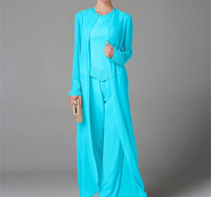 Chiffon Long Sleeves Mother of the Bride Pantsuits with Jacket & Sequins