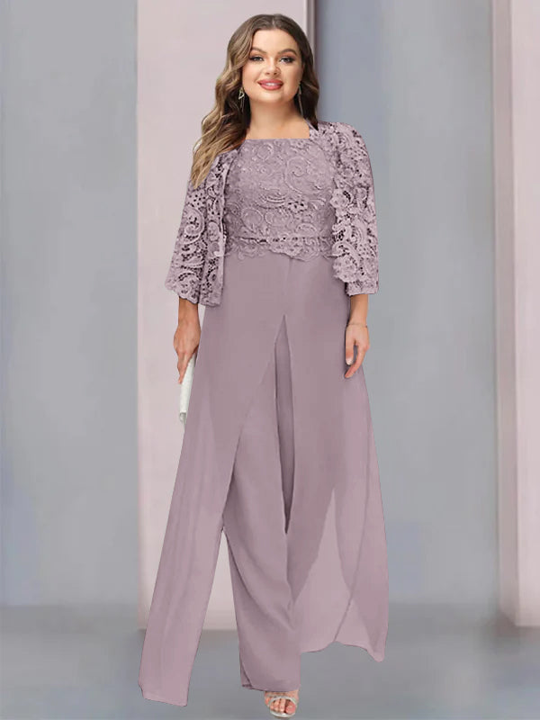 Chiffon Square Neck Floor-Length Plus Size Mother of the Bride Pantsuits with Jacket & Split Side