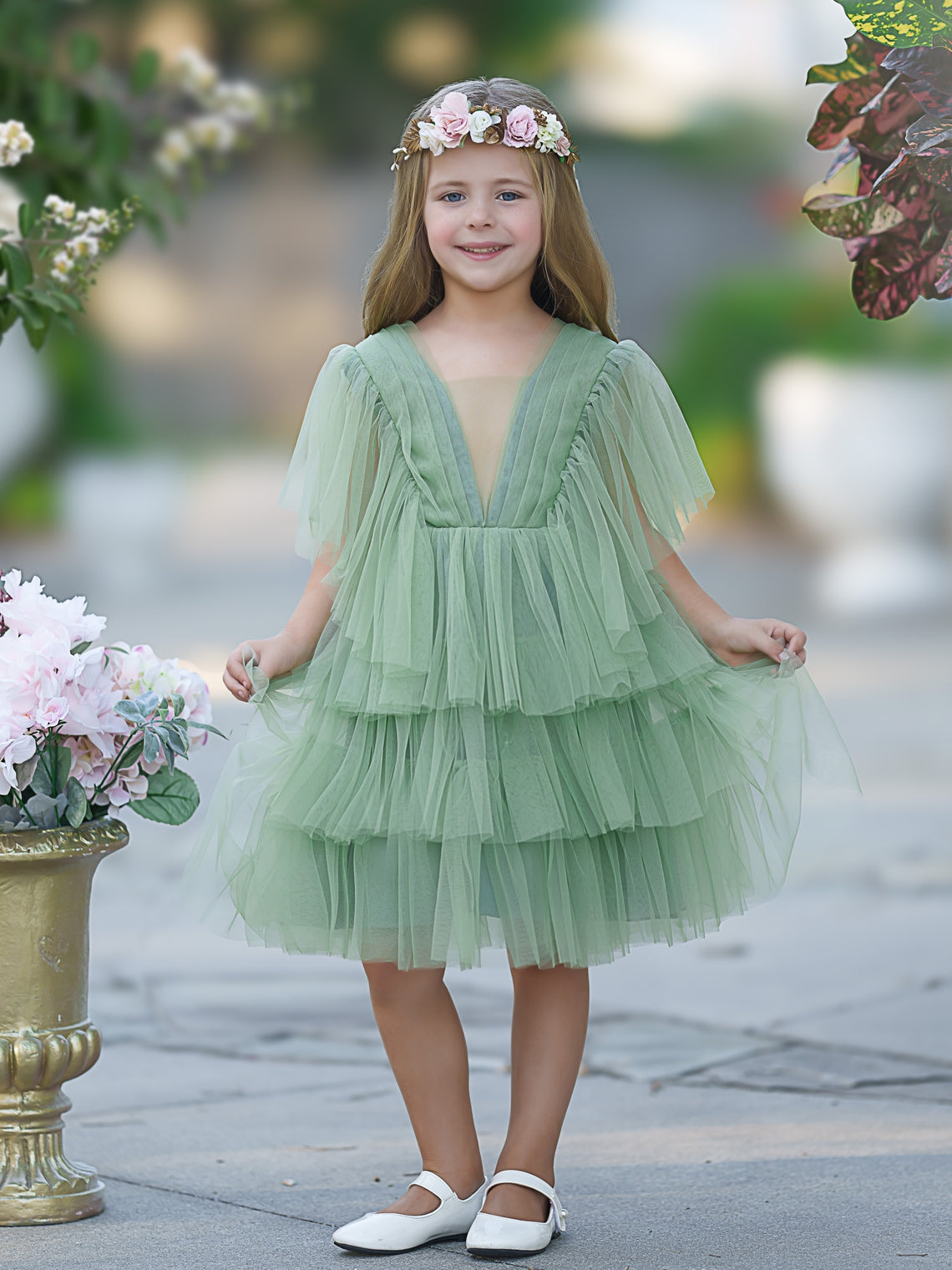 Enchanted Garden Fairy Elegant Tulle Green Flower Girl Dress