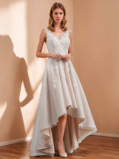 A-Line/Princess V-Neck Sleeveless Asymmetrical  Wedding Dress With Appliques