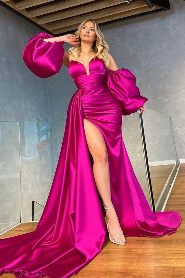 Shiny V-Neck Detachable Sleeves Evening Split Prom Dress Long With Ruffles ED0035