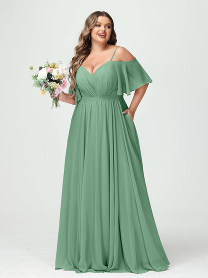 A-Line/Princess/Princess Spaghetti Straps Half Sleeves Chiffon Plus Size Bridesmaid Dresses with Pockets