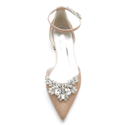 Women's Wedding Shoes Glitter Rhinestone Low Pointed Toe Ankle Strap Bridal Shoes