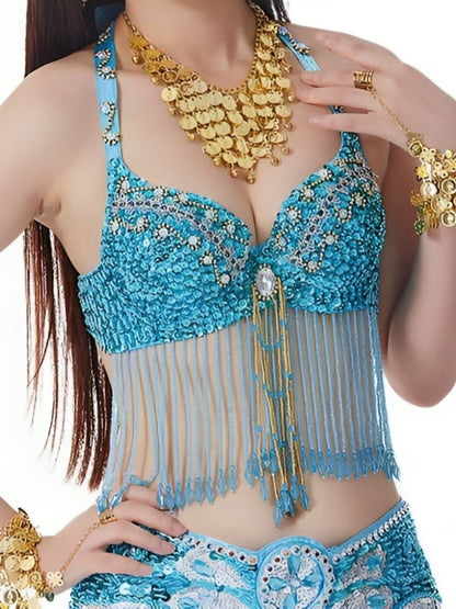 Sexy Belly Dancewear Halter Sequins Tassel Sleeveless Bra with Rhinestone & Beading