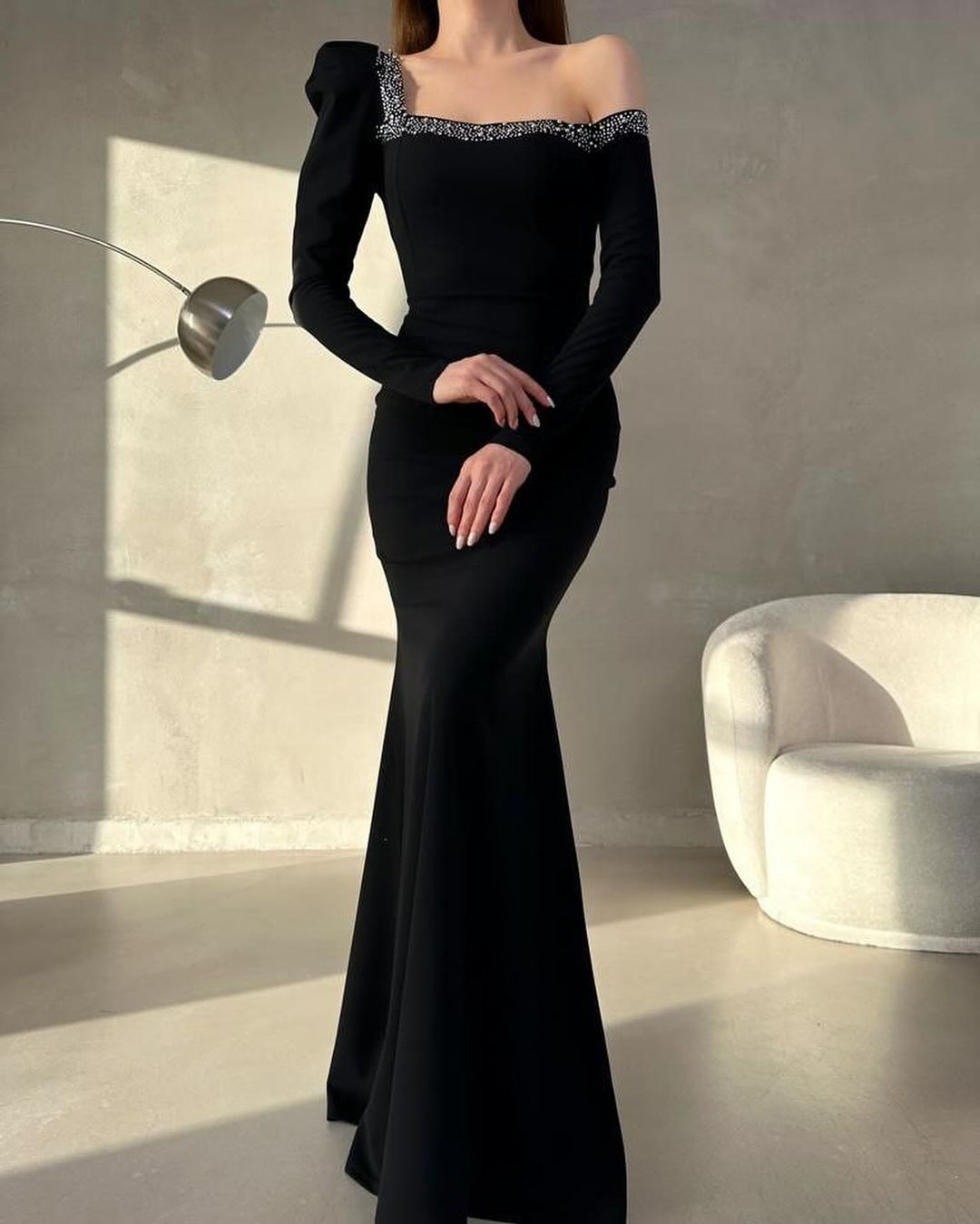 Black Slim Fit Mermaid One-Shoulder Long Sleeves Prom Dress ZT0307