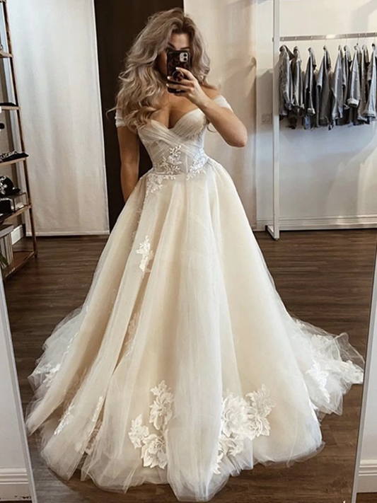 Off The Shoulder Champagne Wedding Dresses, Off Shoulder Champagne Floral Prom Dresses gh2068