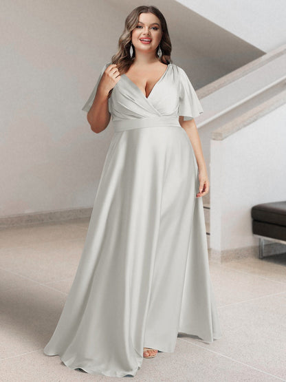 A-Line/Princess V-Neck Short Sleeves Silk Satin Plus Size Bridesmaid Dresses with Pockets