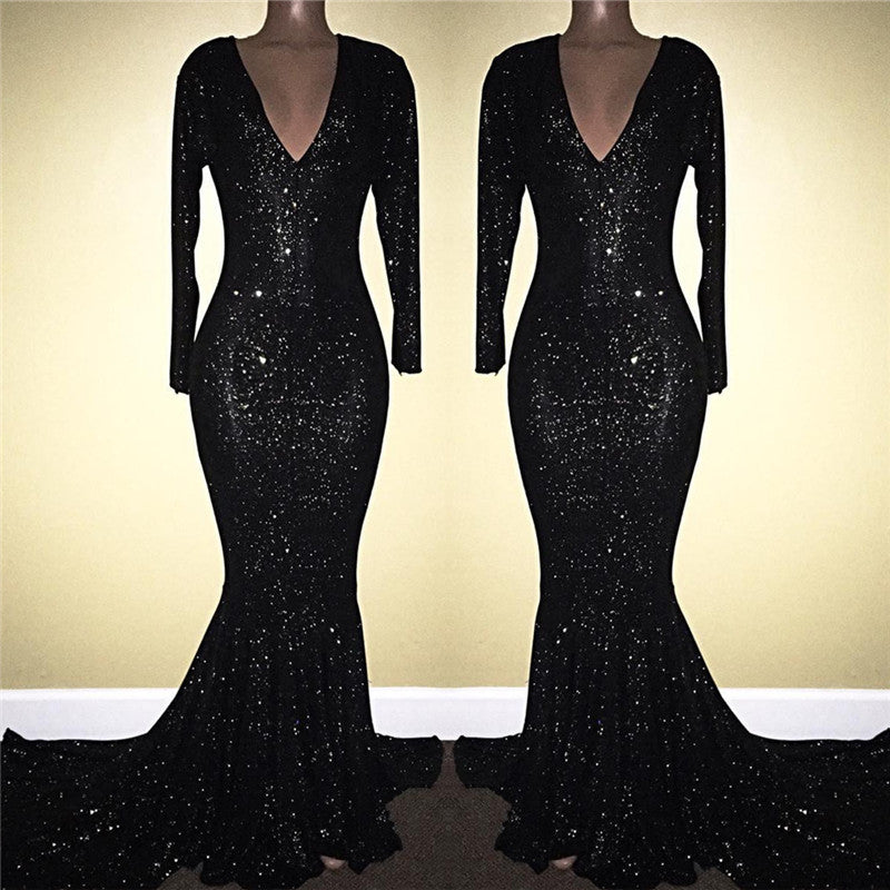 Black Long Sleeves V-Neck Mermaid Prom Dress With Sequins PD0634