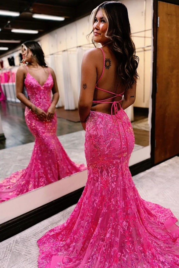 Pink Sequins Prom Dress Mermaid Sleeveless Backless Spaghetti Straps YH0010