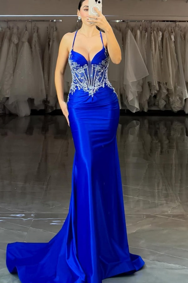 Royal Blue Spaghetti-Straps Mermaid Appliques Stunning Prom Dress ZT0587