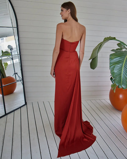 Fashion Strapless Red Prom Dress Pleated Split Mermaid Dress HT0023