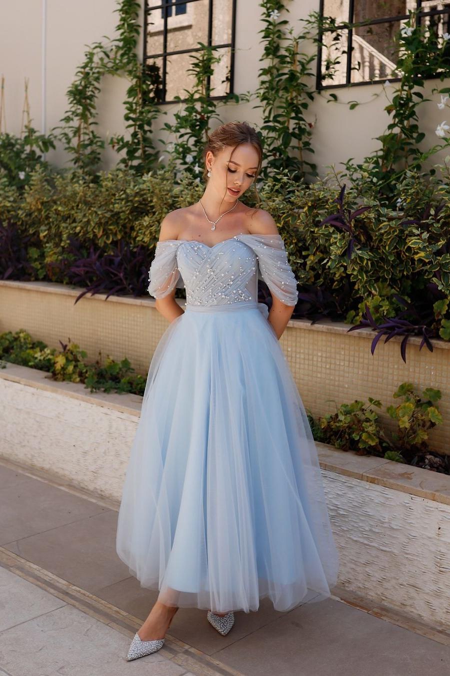 edgynewlook Stunning Sky Blue Tulle Strapless Off the Shoulder A Line Prom Dress with Beadings