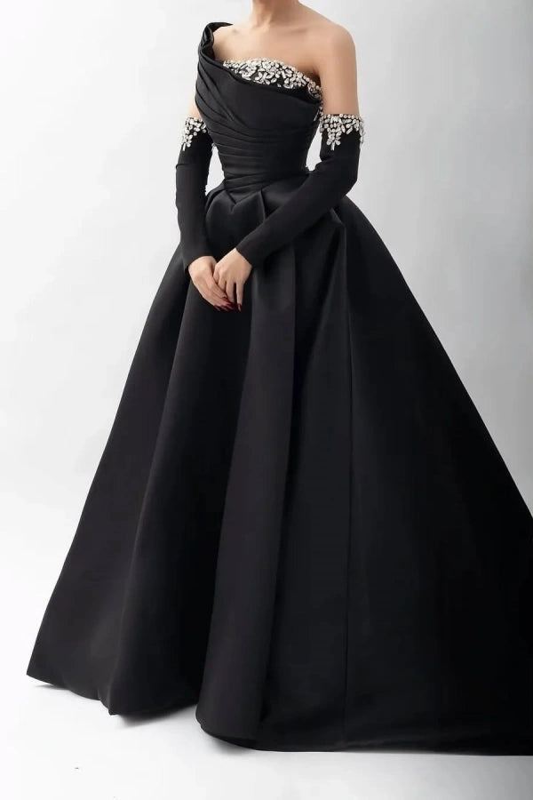 Black Beaded One-Shoulder Long Prom Dress With Rhinestones Sleeves ZT0474