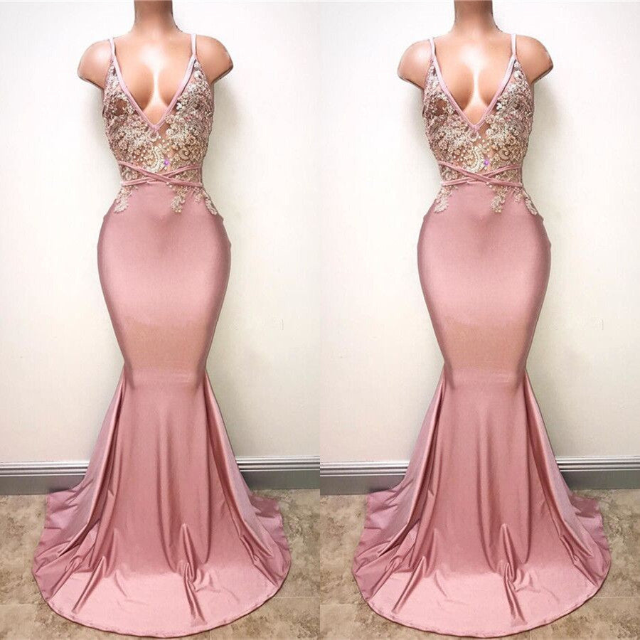 Pink Spaghetti-Straps Mermaid Long Prom Dress With Lace Appliques  PD0687