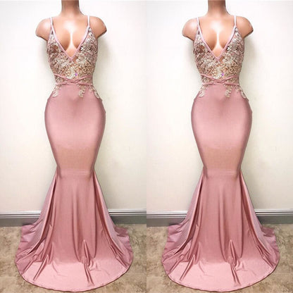 Pink Spaghetti-Straps Mermaid Long Prom Dress With Lace Appliques  PD0687