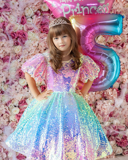 Ball Gown Princess Rainbow Unicorn Sequins Little Girl Party Dresses