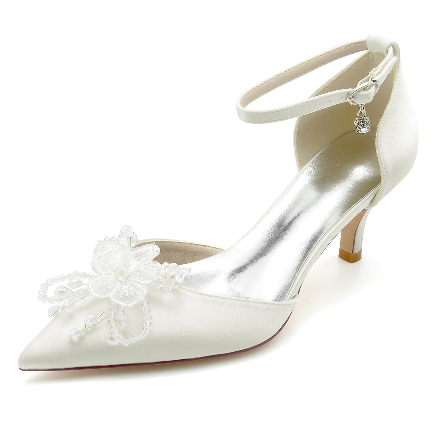 Women's Wedding Shoes Silk Satin Rhinestone Flower Mid Heel Pointed Toe Bridal Shoes