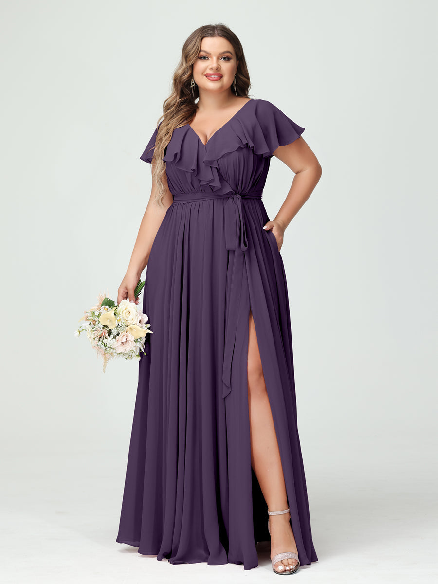 A-Line/Princess V-Neck Short Sleeves Chiffon Plus Size Bridesmaid Dresses With Pockets,Ruffles  ,Ruched & Split Side