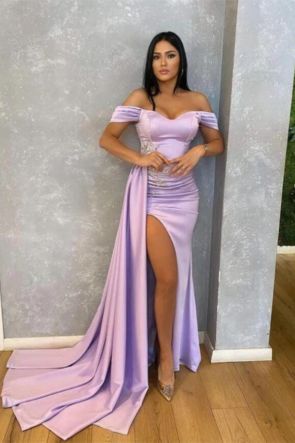 edgynewlook Off-The-Shoulder Beads Lilac Mermaid Prom Dress With Ruffle Split