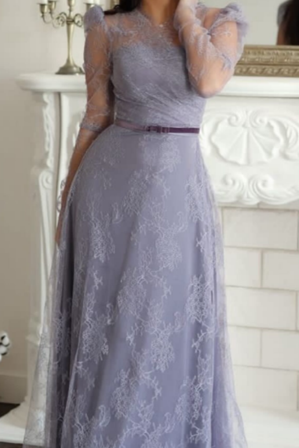 Lilac Lace Mermaid Long Sleeves Prom Dress SO0003