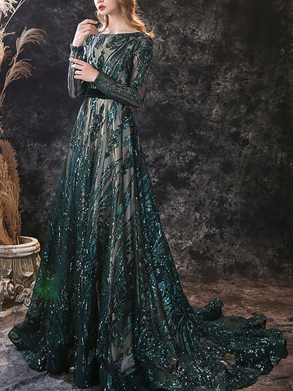 A-Line/Princess Scoop Neck Long Sleeves Court Train Evening Dresses With Lace