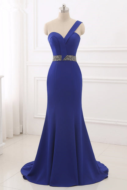 Okdais Royal Blue Prom Dress One Shoulder Mermaid Long Backless Dress With Beads ZP0074