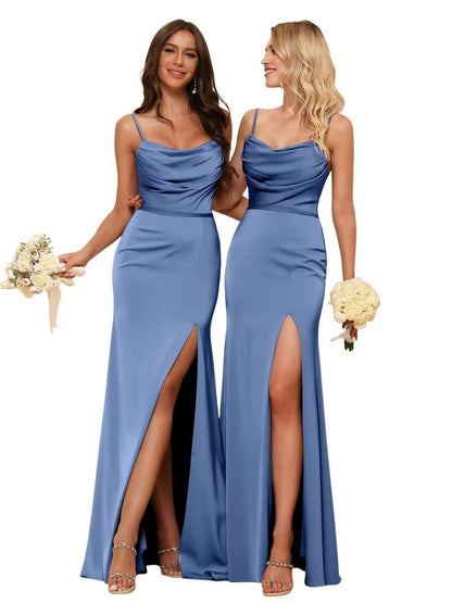 Sheath/Column Spaghetti Straps  Sleeveless Floor Length Bridesmaid Dresses  Satin with Ruffles Split