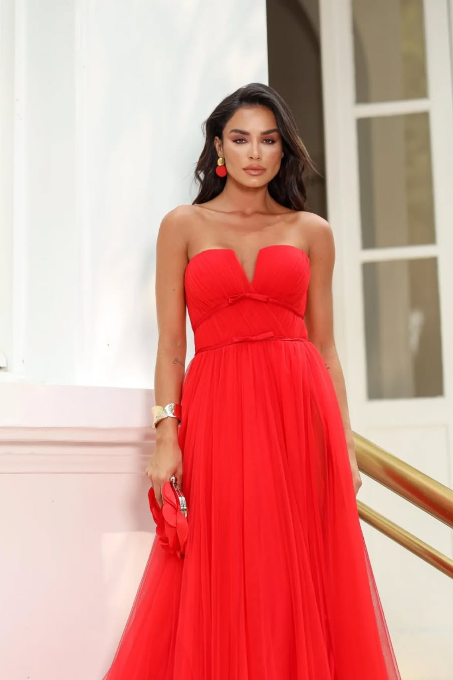 edgynewlook Stunning Red Tulle Strapless V Neck Sleeveless Long Prom Dress with Split