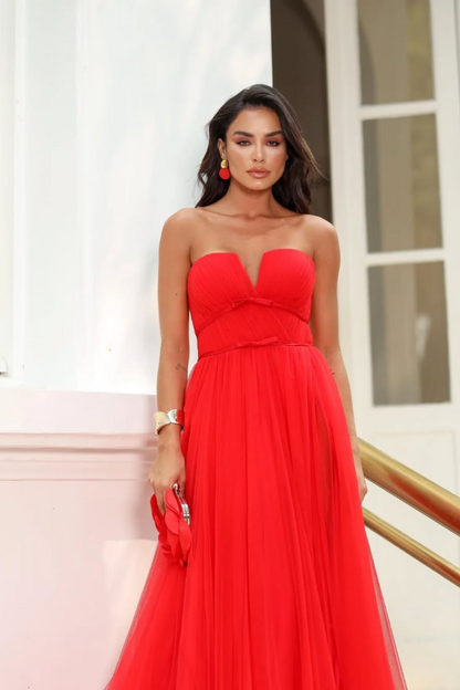 edgynewlook Stunning Red Tulle Strapless V Neck Sleeveless Long Prom Dress with Split