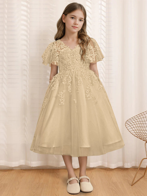 A-Line/Princess V-Neck Short Sleeves Tea-Length Flower Girl Dress with Lace