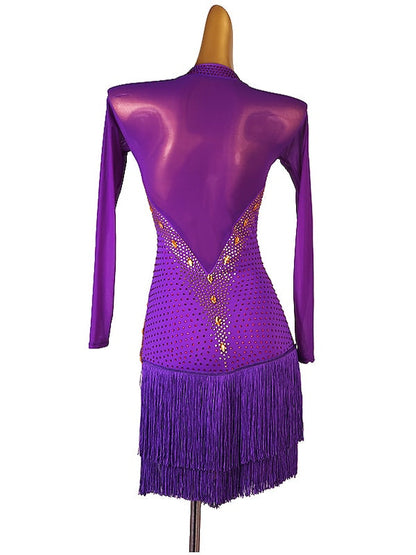 Latin Dance Dress Long Sleeve Tassel Crystals/Rhinestones Women's Performance  Chinlon Mesh