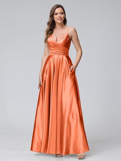 A-Line/Princess V-Neck Sleeveless Ankle-Length Silk Satin Bridemaid Dresses with Pockets & Split Side