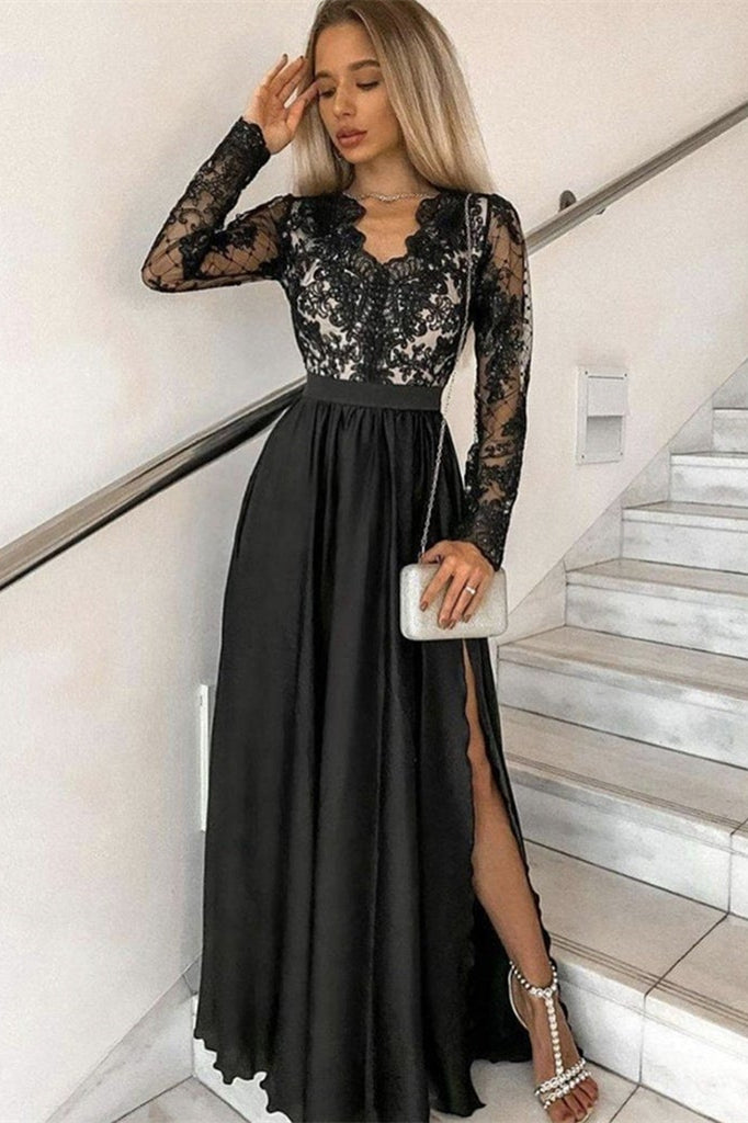 Black Long Sleeves Split Prom Dress PD0398