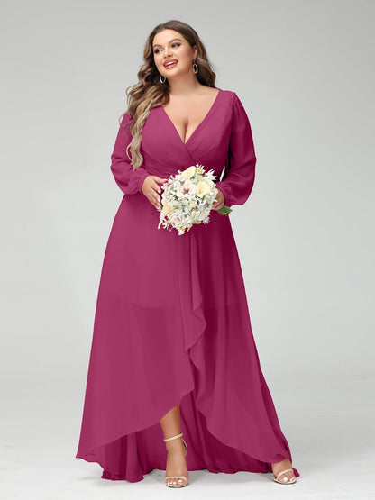 A-Line/Princess V-Neck Long Sleeves Asymmetrical Plus Size Bridesmaid Dresses with Pockets