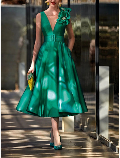 A-Line/Princess V-Neck Sleeveless Tea-Length Mother of the Bride Dresses with Sash