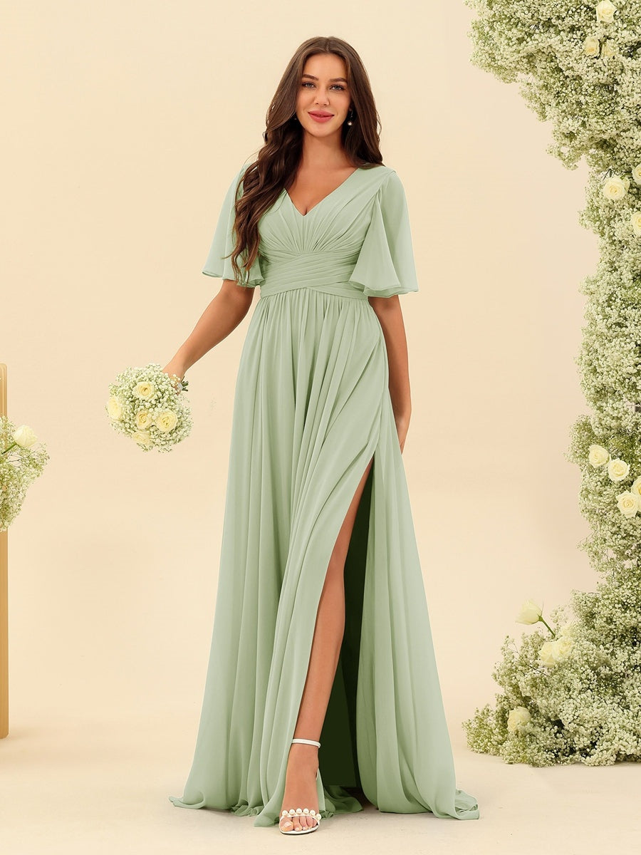 A-Line/Princess V-Neck Half Sleeves Chiffon Bridesmaid Dresses With Pockets & Split Side