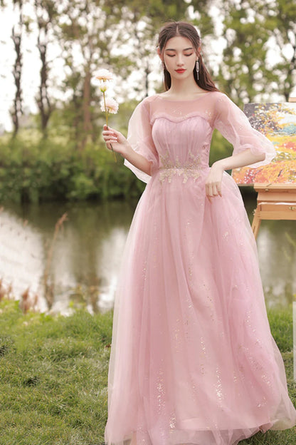 Pink Tulle Long A-Line Ball Gown Evening Gown Bridesmaid Dresses 8869