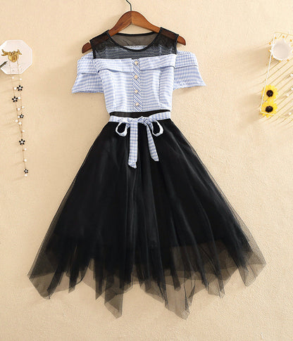 Fashion girl dress A line plaid tulle dress  1235