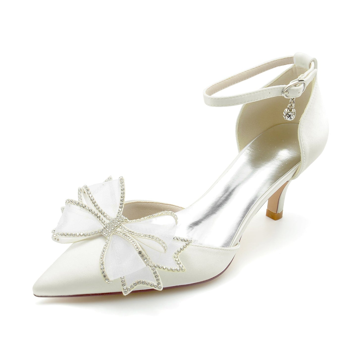 Women's Wedding Shoes Silk Satin Bow Mid Closed Toe Buckle Bridal Shoes