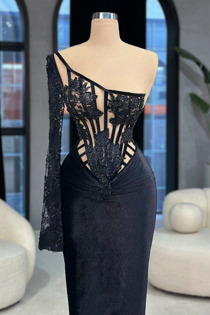 edgynewlook Black One shoulder Velvet Beads Prom Dress Mermaid Long Sleeves with Lace Appliques