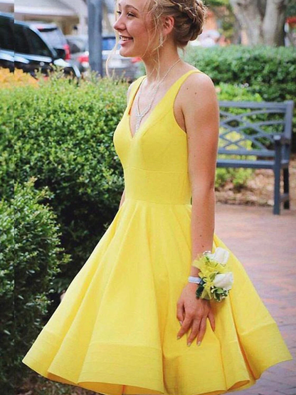 A Line V Neck Short Yellow Prom Dresses, Short Yellow Formal Homecoming Cocktail Dresses gh1641