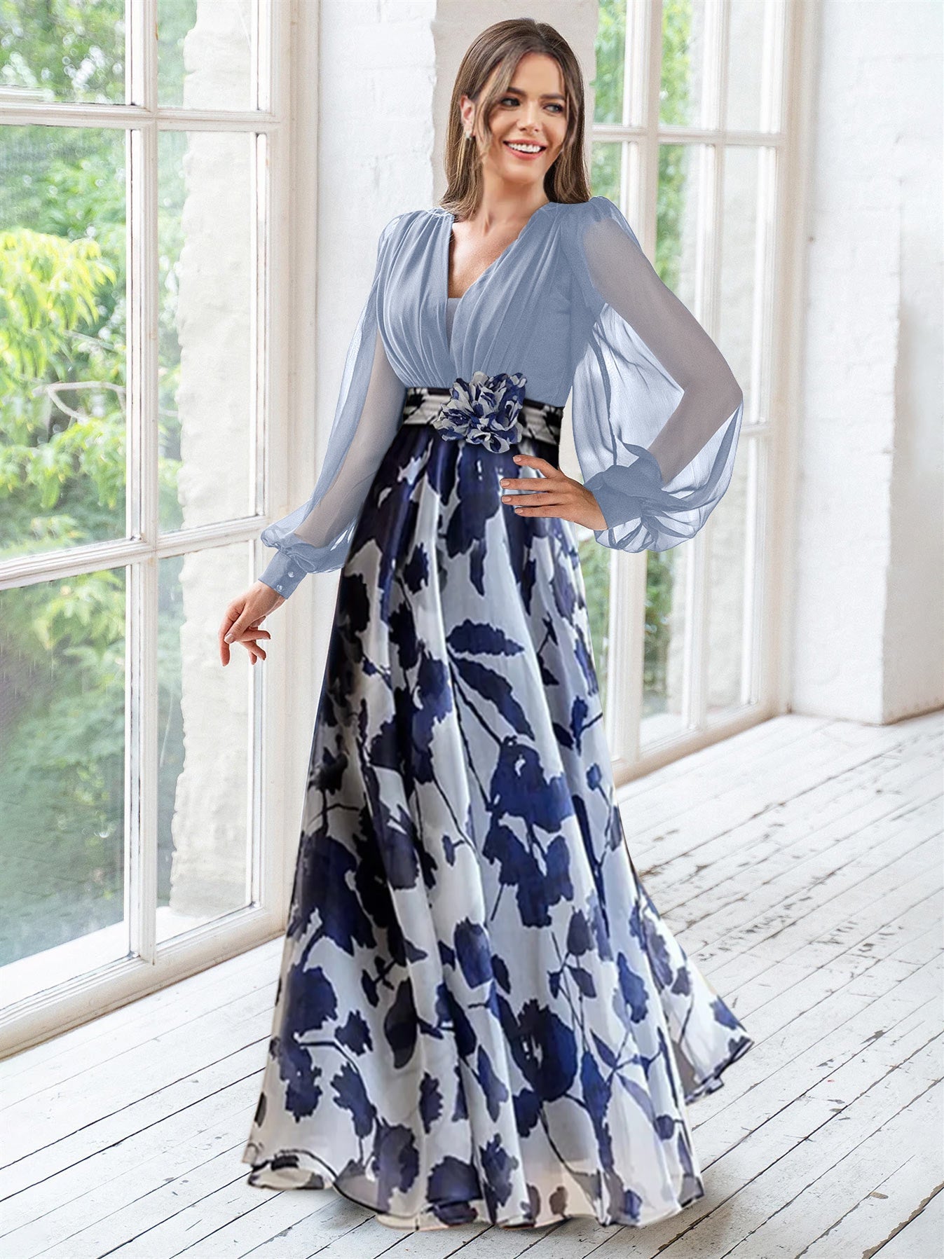 A Line/Princess V-Neck Long Sleeves Floor Length Floral Plus Size Mother of the Bride Dresses With Flower