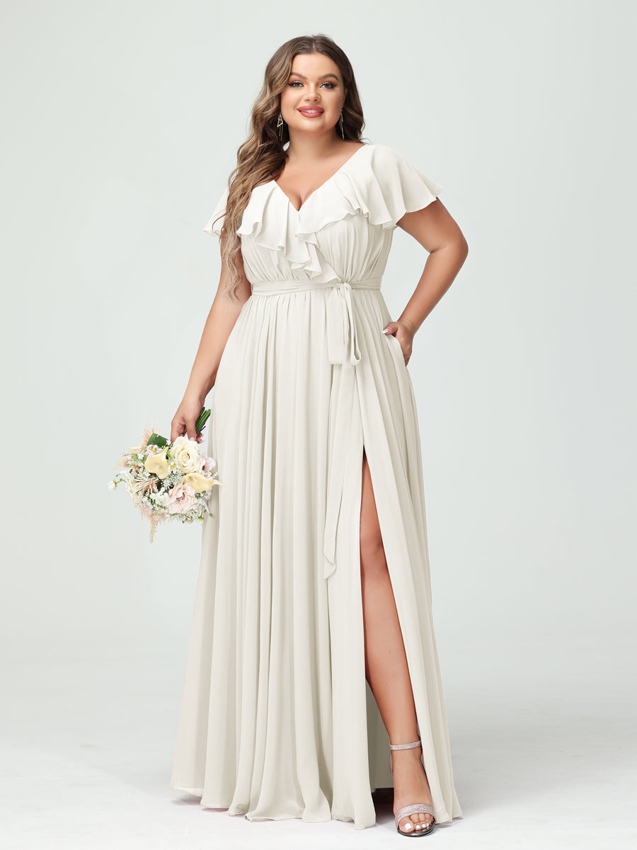 A-Line/Princess V-Neck Short Sleeves Chiffon Plus Size Bridesmaid Dresses With Pockets,Ruffles  ,Ruched & Split Side