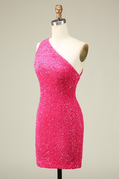 Bling Sheath One Shoulder Fuchsia Sequins Short Homecoming Dress