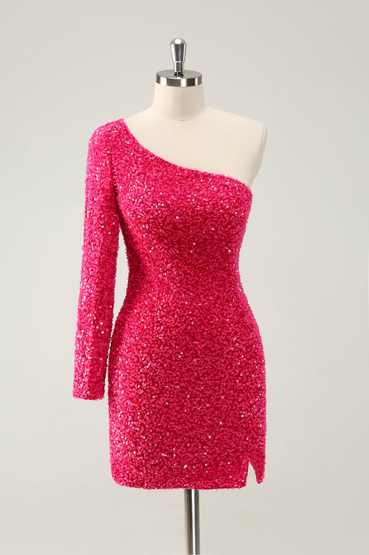 Hot Pink One Shoulder Glitter Sequins Homecoming Dress with Slit