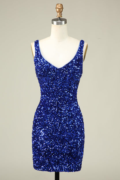 Stylish Sheath V Neck Royal Blue Sequins Short Homecoming Dress